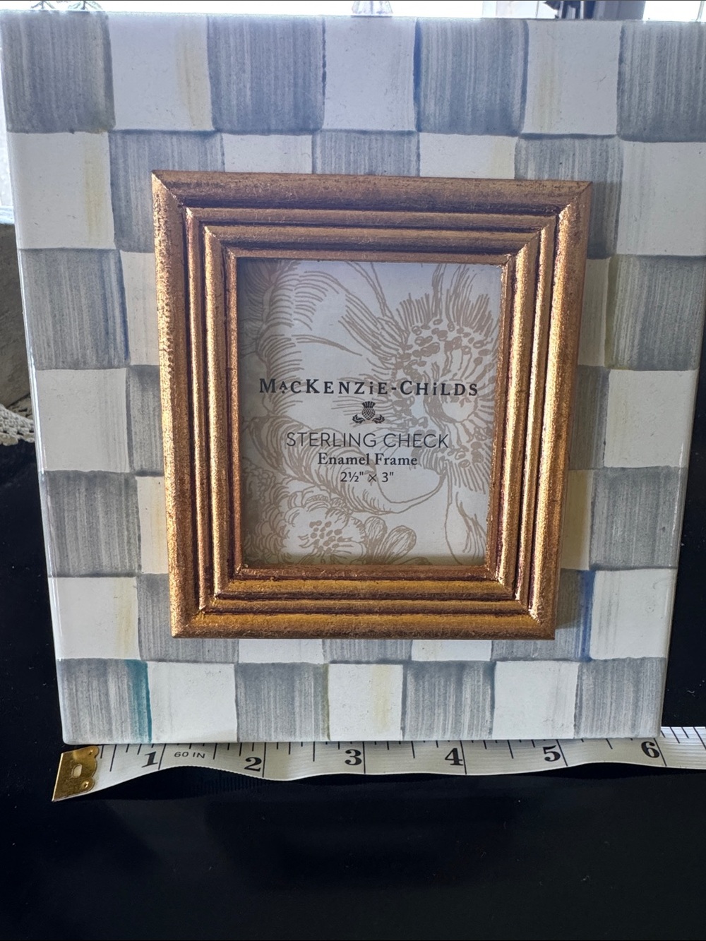 MacKenzie-Childs Gold Frame with Gray, Blue, Cream and Tan Checked Border. New